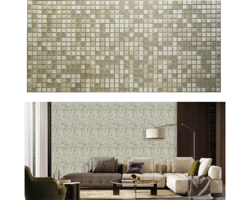 Perete de plăci de mozaic într-un living cu canapea și măsuță de cafea.