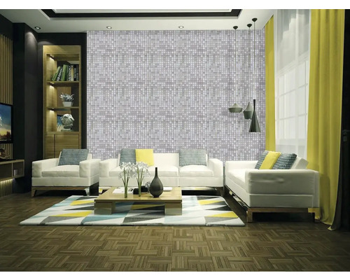 Living cu perete mozaic, canapele și rafturi