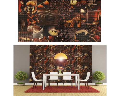 Panou de perete cu motiv de cafea prezentat într-o sufragerie.