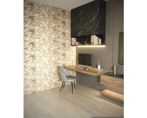 Birou modern cu birou, scaun și decor de perete cu aspect de piatră