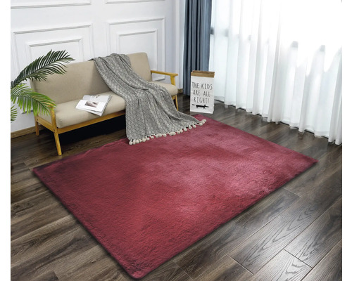 Cameră de zi cu canapea și covor roșu pe podea de lemn