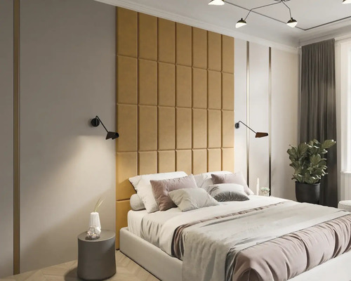 Dormitor modern cu tăblie tapițată, lampă de noptieră și plantă de interior