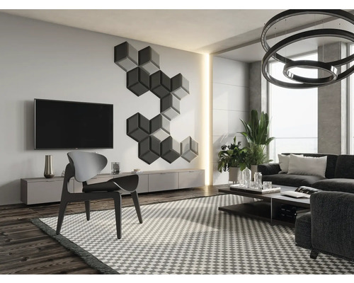 Living cu televizor, fotolii, măsuță de cafea, canapea, plante de interior, panouri de perete și plafonieră