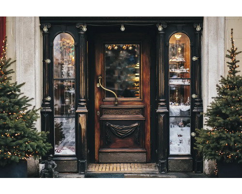 Ușă din lemn decorată cu vitrine și pomi de Crăciun