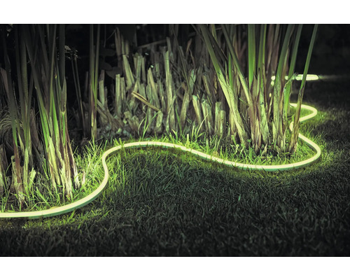 Furtun luminos cu LED iluminat în grădină printre plante