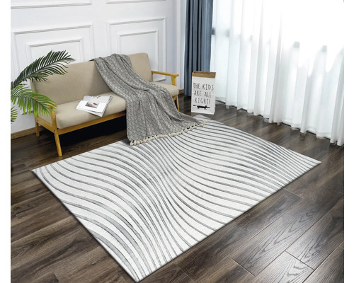 Living cu canapea, pătură și covor cu model liniar pe podea de lemn