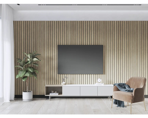 Living modern cu perete cu lambriuri din lemn, televizor, comodă joasă, plantă de interior și fotoliu.