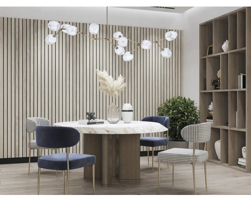 Sufragerie cu masă, scaune, lampă suspendată și bibliotecă