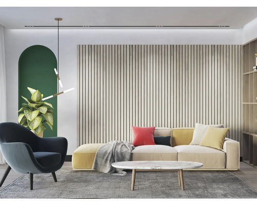 Cameră de zi cu canapea, fotoliu, măsuță de cafea, plantă de apartament și placare de perete