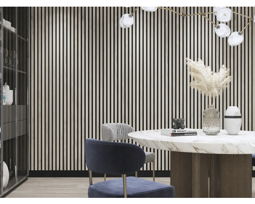 Sufragerie cu masă, scaune, panouri de perete și iluminat