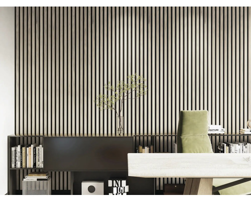 Birou cu panouri acustice pe perete și mobilier elegant.