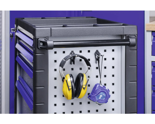 Cărucior de atelier cu panou perforat, căști și ruletă
