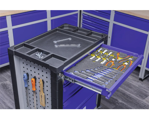 Cărucior de atelier cu unelte, compartimente de depozitare și panou perforat