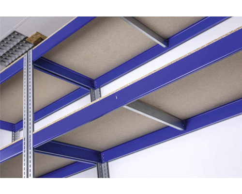 Imagine detaliată cu un raft albastru pentru greutăți mari, cu rafturi din material lemnos