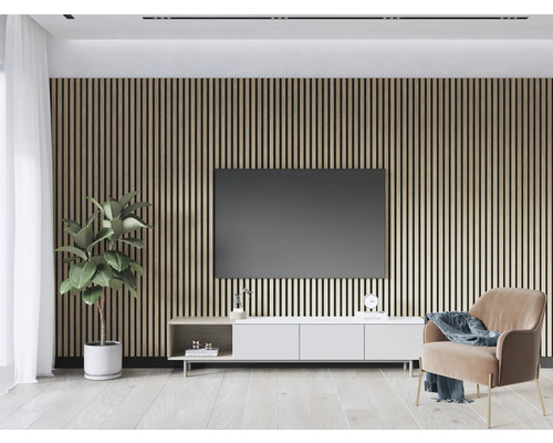 Cameră de zi cu perete cu panouri din lemn, televizor și design de mobilier modern
