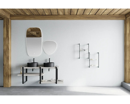 Baie cu lavoar dublu, oglinzi și rafturi