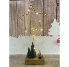 Stea decorativă de Crăciun cu iluminare, brazi, bază de lemn și figurină Moș Crăciun