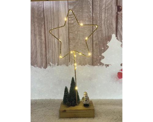 Stea decorativă de Crăciun cu iluminare, brazi, bază de lemn și figurină Moș Crăciun