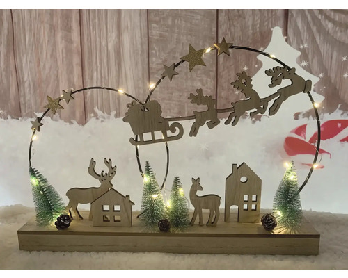 Decorațiune luminoasă de Crăciun cu reni, stele și case pe un suport de lemn