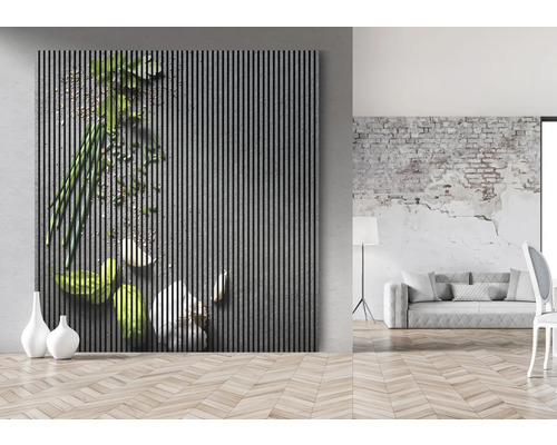 Panou decorativ de perete cu motiv de legume într-o cameră mobilată modern.