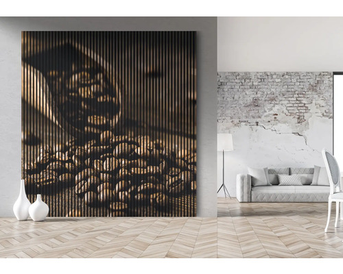 Panou decorativ de perete cu motiv de boabe de cafea într-un spațiu de locuit modern.