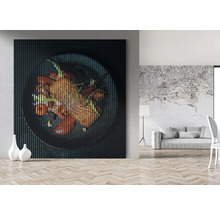 Panou decorativ de perete cu motiv alimentar într-un spațiu de locuit modern.