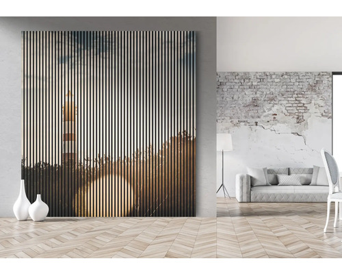 Cameră de zi cu panou acustic cu motiv far