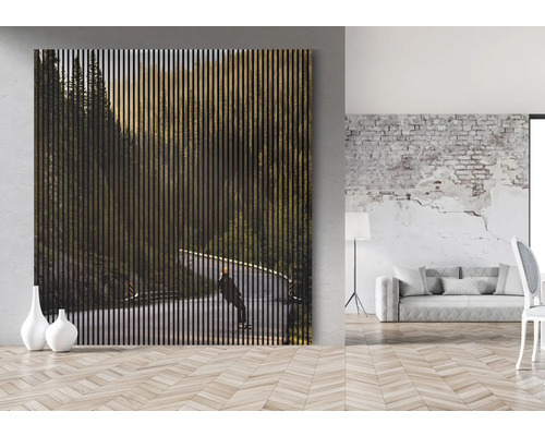 Fotografie de interior cu panou acustic cu motiv forestier