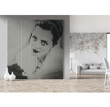 Tablou decorativ de perete cu dungi verticale și portret de femeie într-o cameră luminoasă.