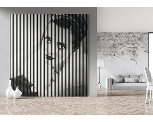 Tablou decorativ de perete cu dungi verticale și portret de femeie într-o cameră luminoasă.