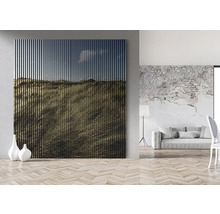Cameră de zi cu panou acustic decorativ cu motiv peisagistic