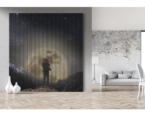 Panou de perete cu motivul unei persoane sub un cer înstelat într-un spațiu de locuit.