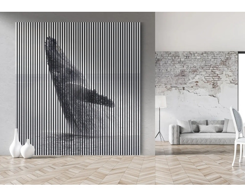 Cameră de zi cu imagine murală decorativă cu motiv balenă