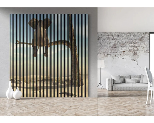 Imagine de perete cu un elefant într-un copac, structură verticală cu lamele pentru utilizare decorativă în interior