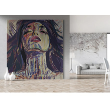 Tablou mural mare cu dungi verticale și chip de femeie într-un living