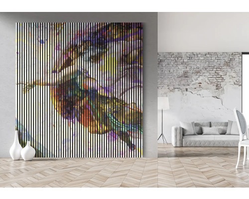 Panouri decorative de perete cu design abstract într-un living luminos.