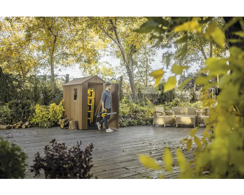 Scenă de grădină cu magazie pentru unelte, mobilier de terasă și o persoană cu un motoferăstrău.