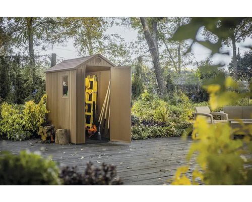 Șopron de grădină cu ușa deschisă, scară și unelte de grădinărit vizibile