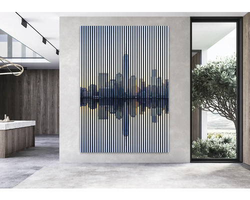 Tablou decorativ de perete cu motiv skyline într-o cameră mobilată modern