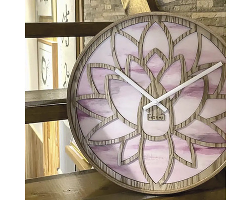 Ceas decorativ de perete din lemn cu model floral și logo NEXTIME