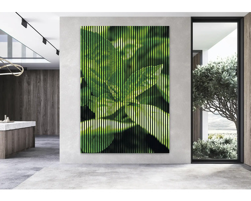 Interior modern cu panou acustic cu motiv de frunze