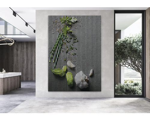 Panou decorativ de perete cu motiv de ierburi într-un spațiu modern