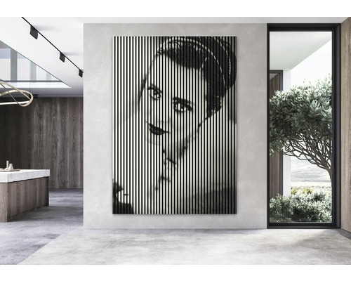 Cameră de zi cu un decor de perete care înfățișează fața unei femei în linii verticale.