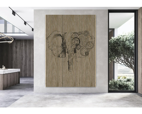 Panou de perete din lemn cu design de elefant într-o cameră mobilată modern