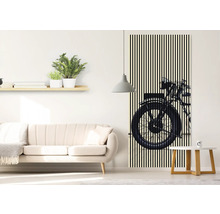 Living cu canapea, raft și poster de ușă cu motiv de motocicletă
