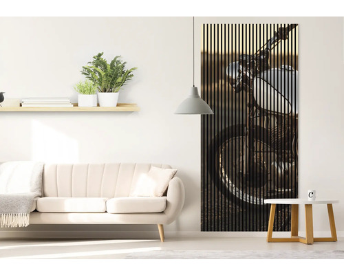 Cameră de zi cu canapea și panou de perete cu motiv de motocicletă