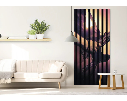 Living cu canapea, raft, lampă și panou de perete cu motiv de chitară