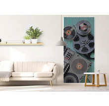 Cameră de zi cu canapea, raft și un element decorativ cu motiv de disc vinil
