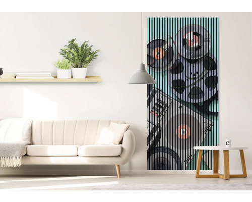 Cameră de zi cu canapea, raft și un element decorativ cu motiv de disc vinil