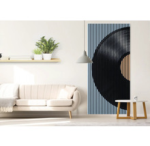 Cameră de zi cu canapea, măsuță laterală și panou de perete cu model de disc de vinil